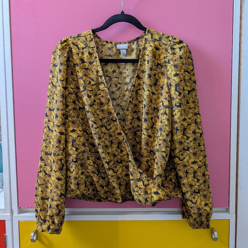 A New Day Yellow & Black Floral Wrap Long-Sleeve Blouse | Size S